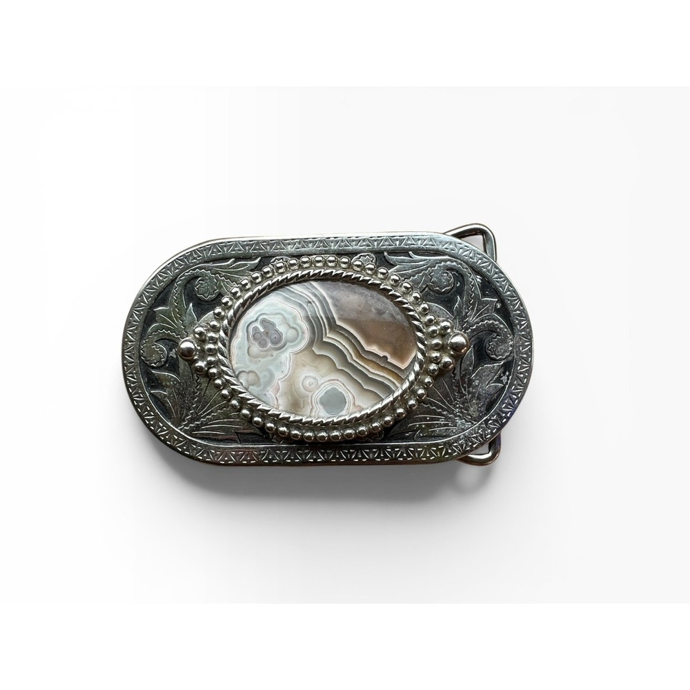 Vintage Western Agate Stone Belt Buckle Engraved Silver Tone Cowboy Boho RARE